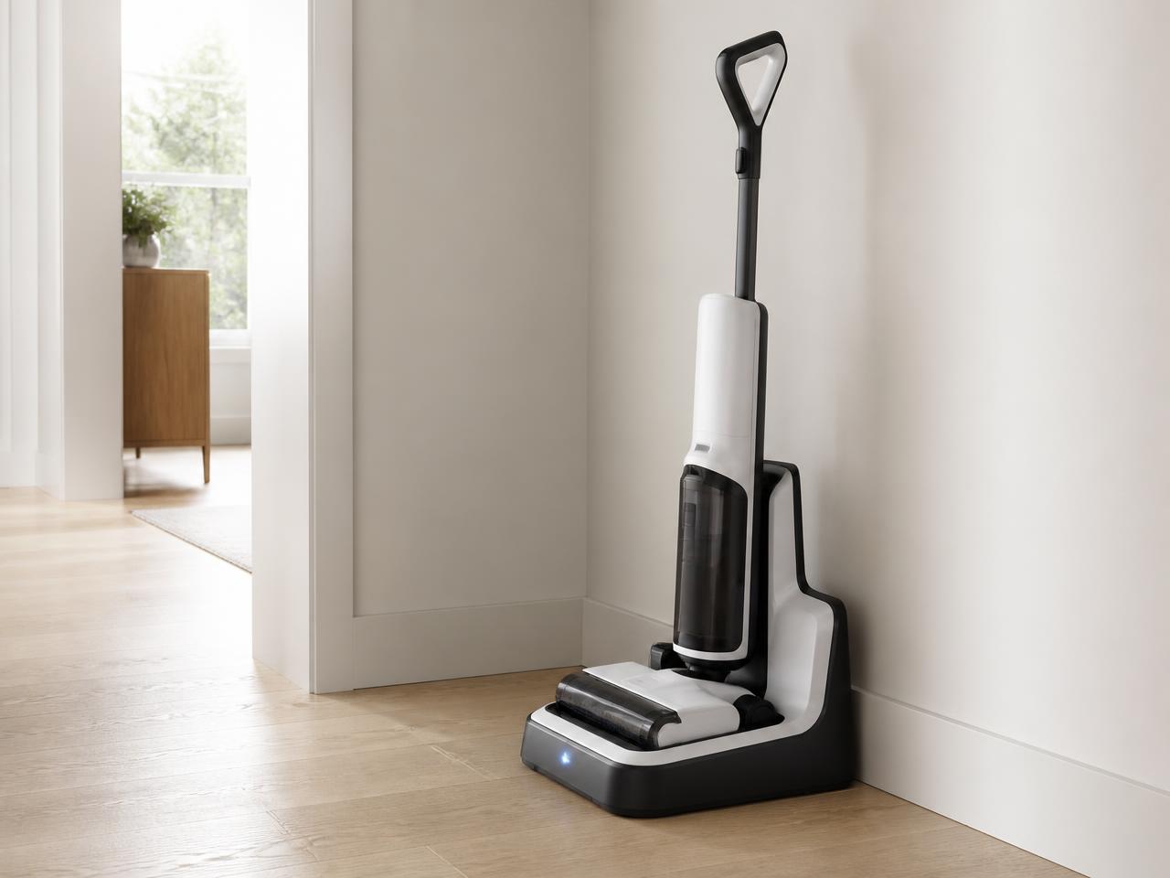 FloorOne resting on its self-cleaning charging base